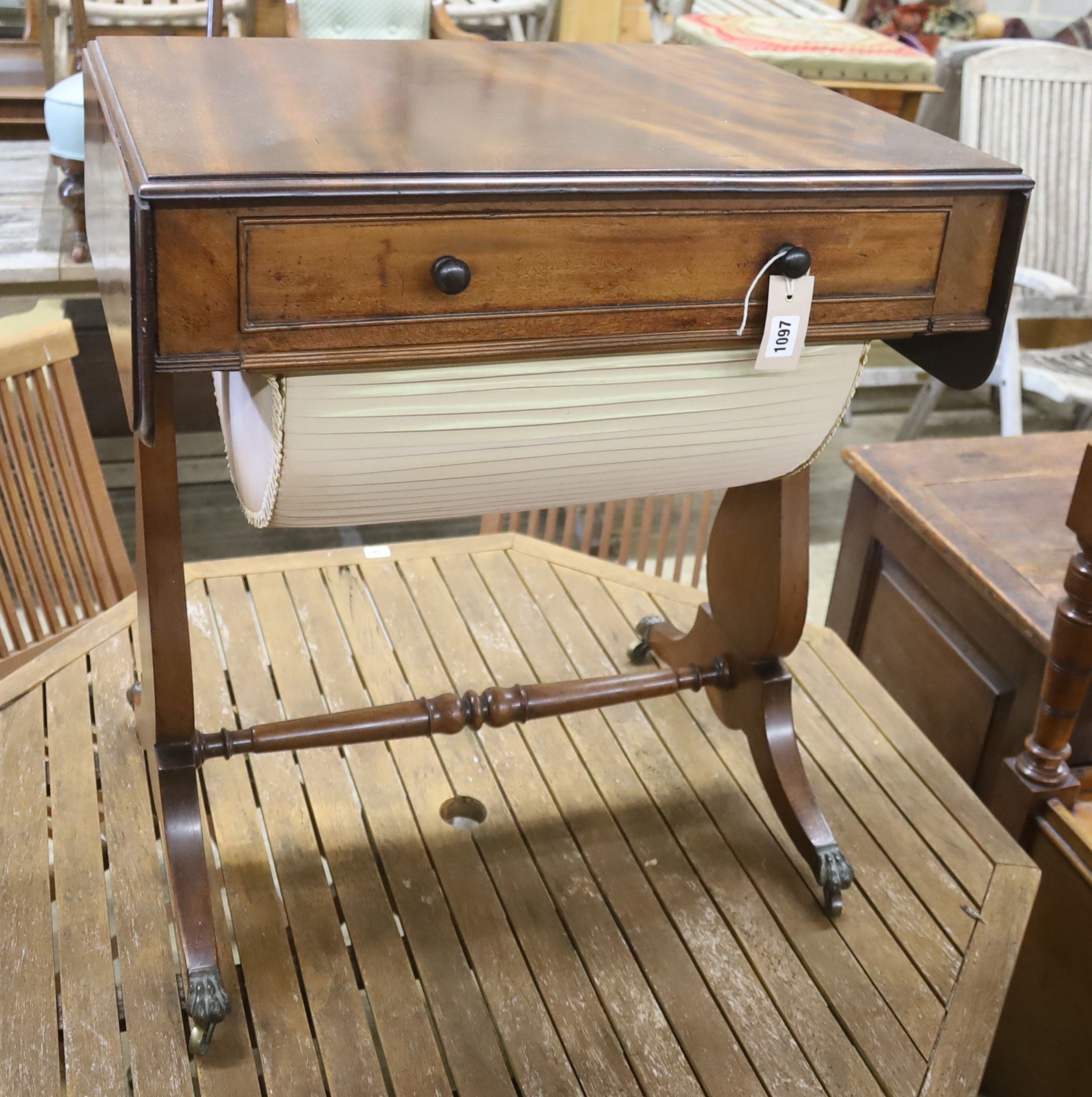 A Victorian mahogany drop flap work table, width 64cm, depth 50cm, height 73cm